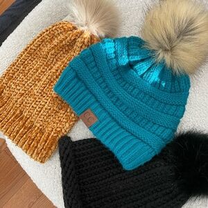 LOT OF 3 WOMENS POM POM BEANIES